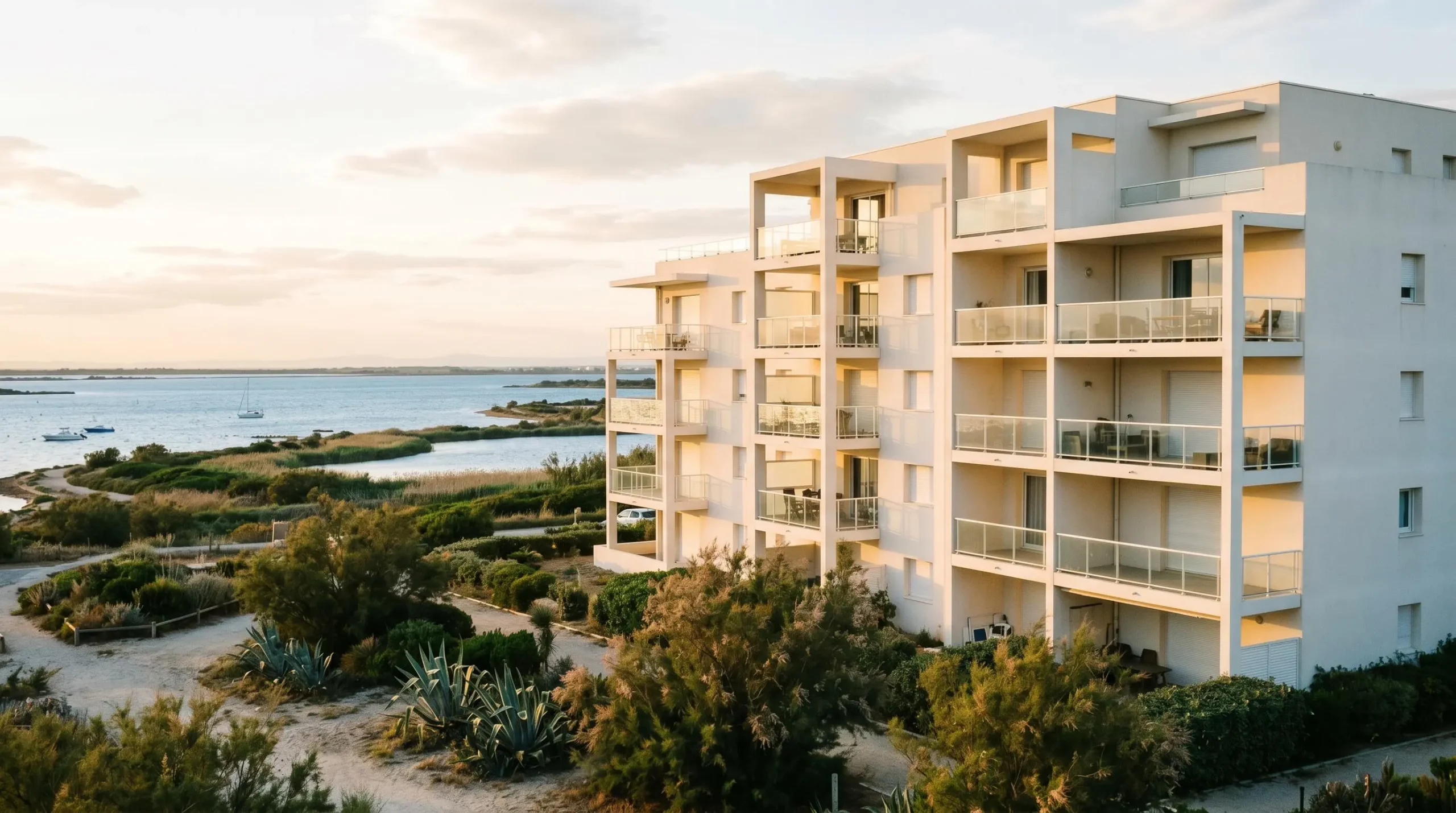 Résidence contemporaine aux façades blanches dans le quartier Coudalère à Port Leucate, avec balcons orientés sud donnant sur l'étang de Salses-Leucate en arrière-plan, végétation méditerranéenne au premier plan, lumière dorée de fin d'après-midi