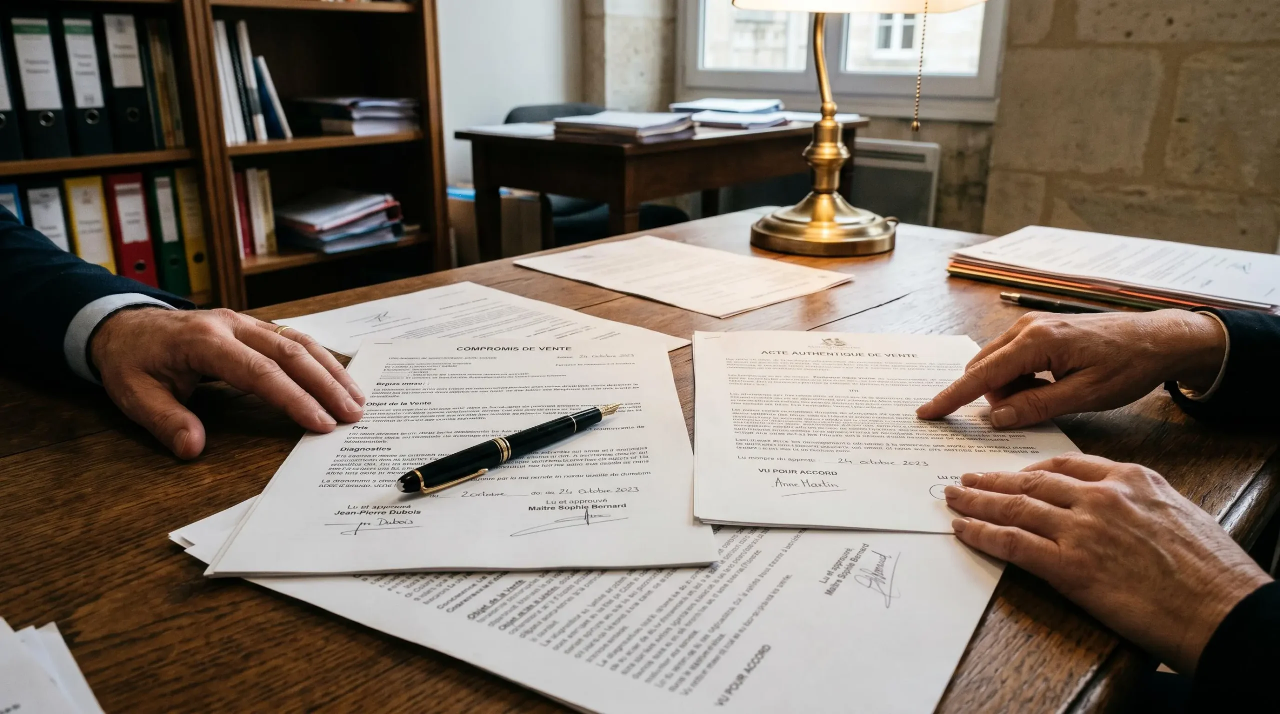Gros plan sur des documents officiels de vente immobilière (compromis de vente et acte authentique) sur un bureau de notaire en bois sombre, mains tenant un document, stylo plume posé sur les feuillets signés
